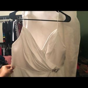 David’s Bridal White Knee Length Dress with Brooch Size 12